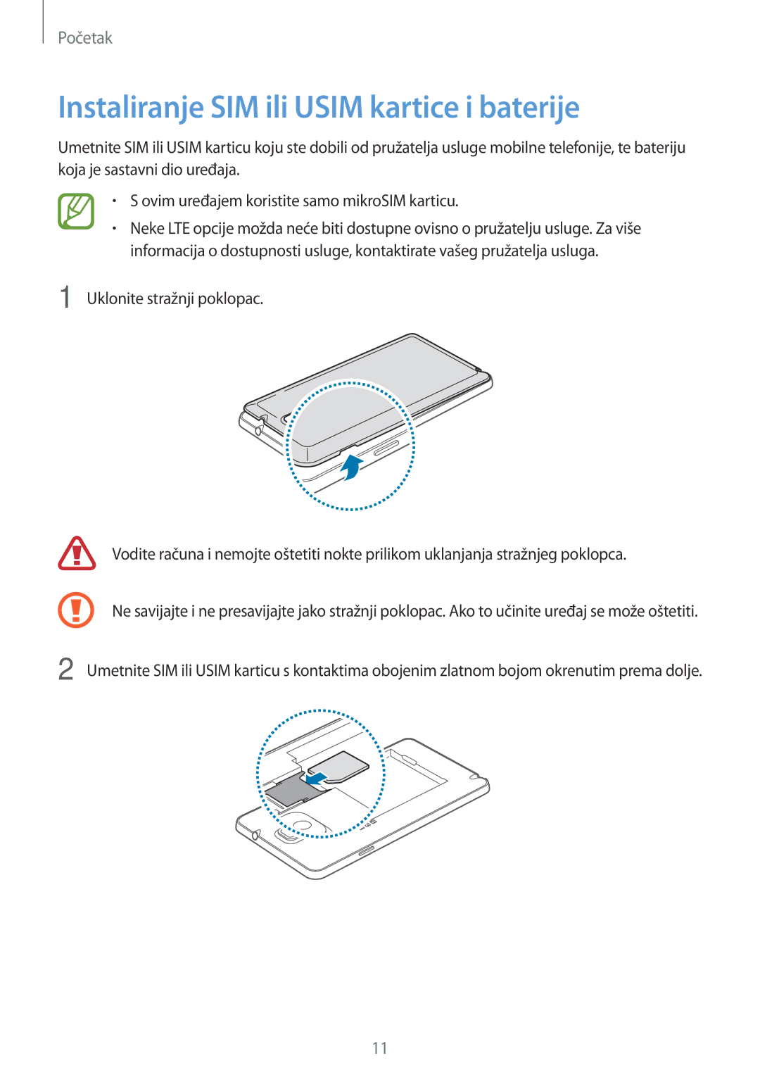 Samsung SM-N9005ZWEVIP, SM-N9005ZKEVIP, SM-N9005ZKETWO, SM-N9005ZWESEE manual Instaliranje SIM ili Usim kartice i baterije 