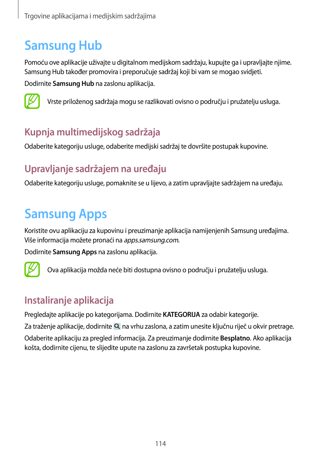 Samsung SM-N9005ZWESEE manual Samsung Hub, Samsung Apps, Kupnja multimedijskog sadržaja, Upravljanje sadržajem na uređaju 