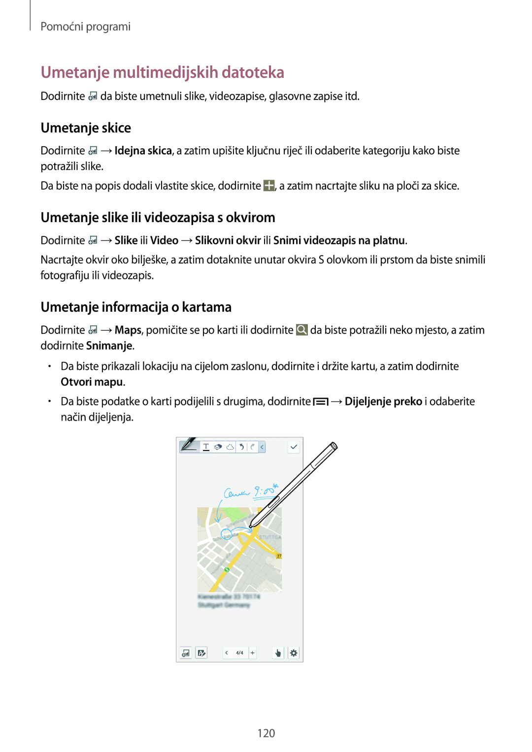 Samsung SM-N9005ZKETWO manual Umetanje multimedijskih datoteka, Umetanje skice, Umetanje slike ili videozapisa s okvirom 