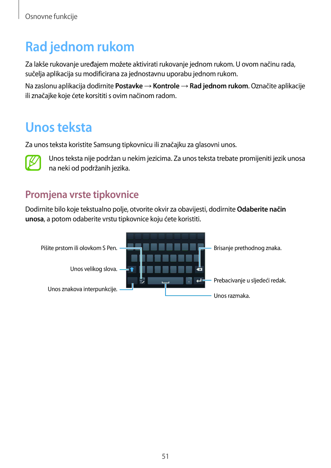 Samsung SM-N9005ZWESEE, SM-N9005ZKEVIP, SM-N9005ZKETWO manual Rad jednom rukom, Unos teksta, Promjena vrste tipkovnice 