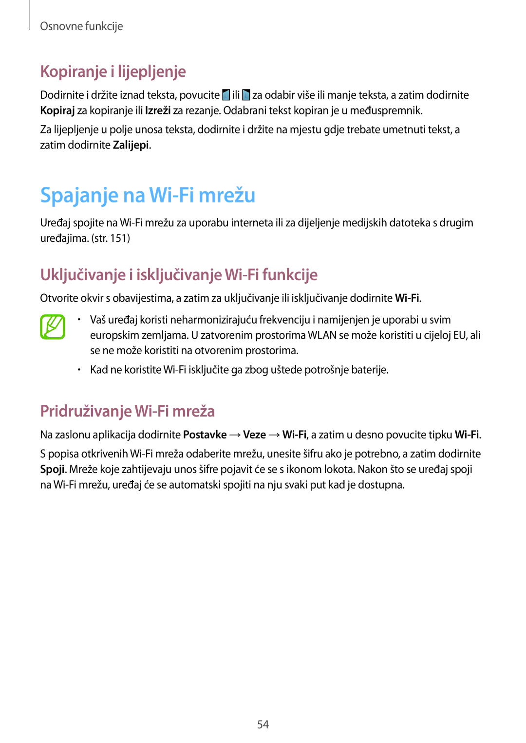 Samsung SM-N9005ZWETWO manual Spajanje na Wi-Fi mrežu, Kopiranje i lijepljenje, Uključivanje i isključivanje Wi-Fi funkcije 