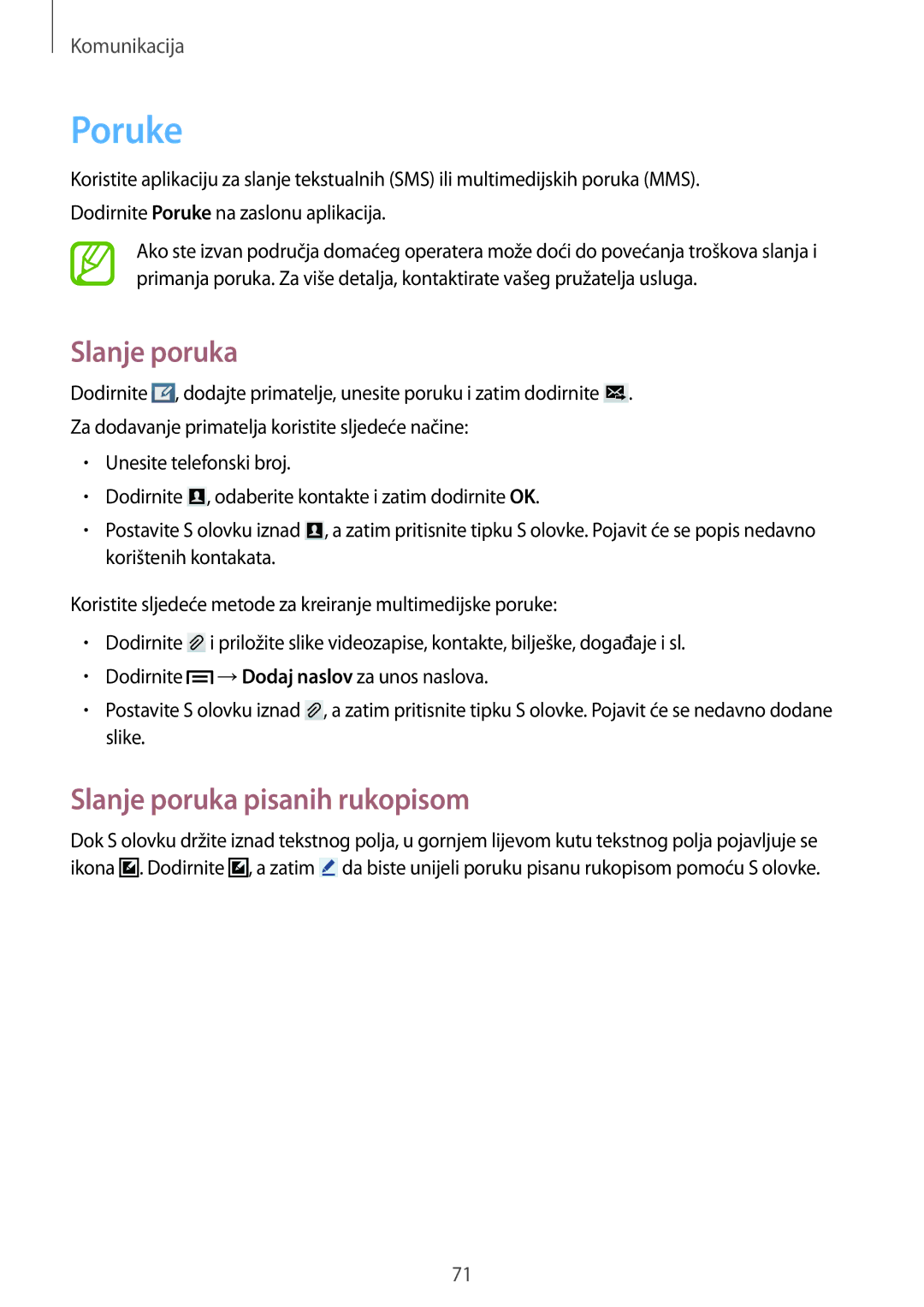 Samsung SM-N9005ZKETWO, SM-N9005ZKEVIP, SM-N9005ZWESEE, SM-N9005ZKECRO manual Poruke, Slanje poruka pisanih rukopisom 