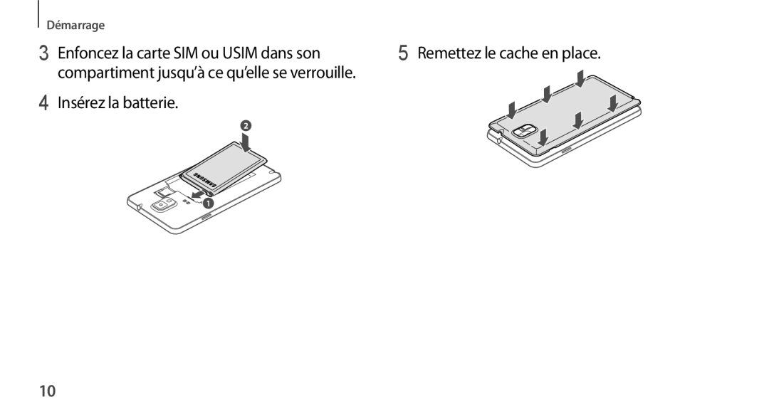 Samsung SM-N9005ZWEBOG, SM-N9005ZKEXEF, SM-N9005WDEXEF manual Enfoncez la carte SIM ou Usim dans son, Insérez la batterie 