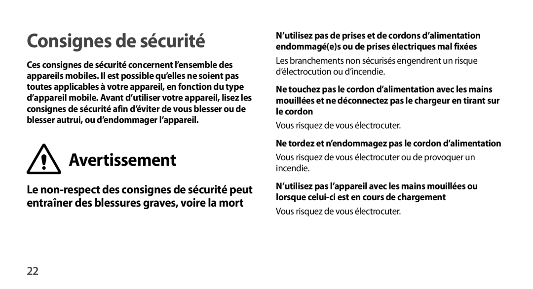 Samsung SM-N9005ZIEXEF, SM-N9005ZKEXEF, SM-N9005WDEXEF manual Consignes de sécurité, Vous risquez de vous électrocuter 