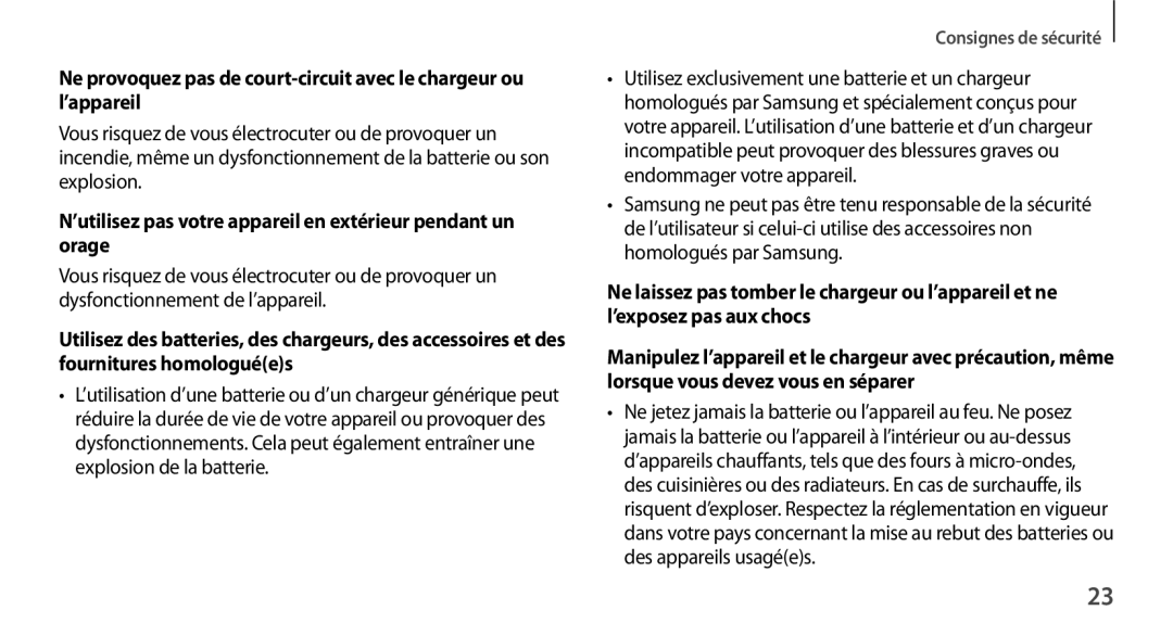 Samsung SM-N9005ZWEXEF, SM-N9005ZKEXEF ’utilisez pas votre appareil en extérieur pendant un orage, Consignes de sécurité 