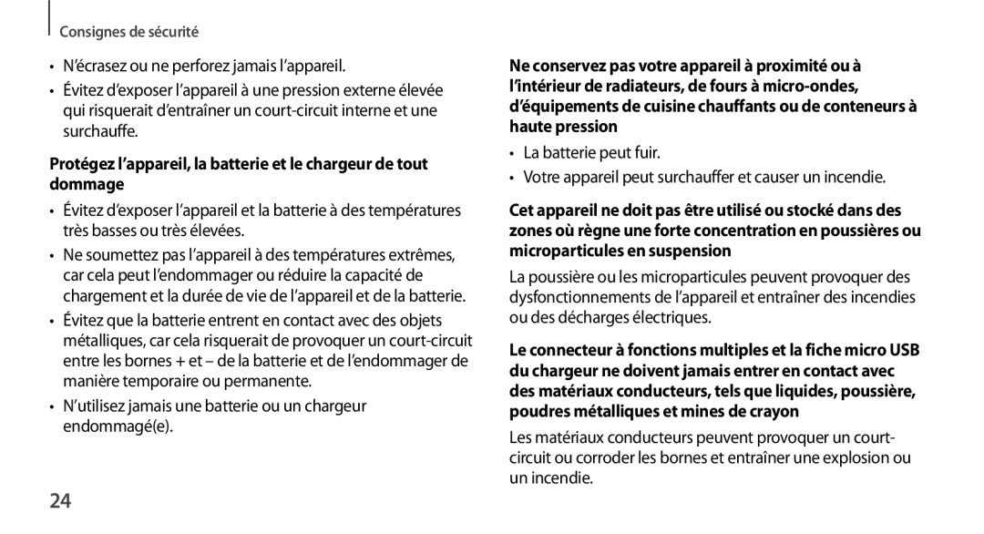 Samsung SM-N9005ZWEBOG, SM-N9005ZKEXEF manual ’utilisez jamais une batterie ou un chargeur endommagée, La batterie peut fuir 