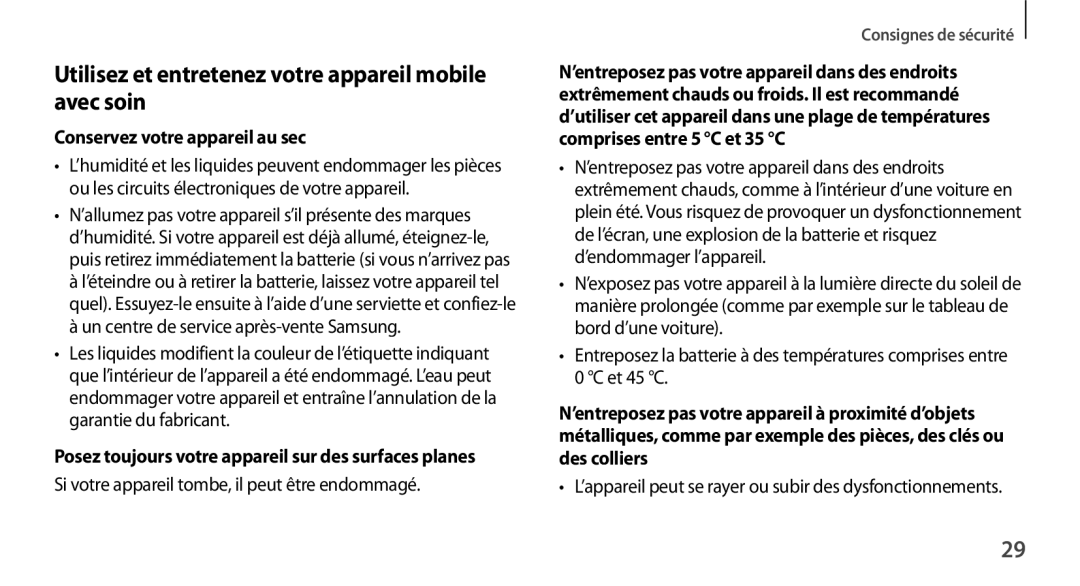 Samsung SM-N9005ZWESFR manual Utilisez et entretenez votre appareil mobile avec soin, Conservez votre appareil au sec 