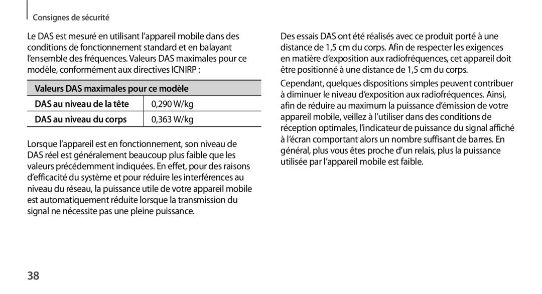 Samsung SM-N9005ZIEFTM, SM-N9005ZKEXEF, SM-N9005WDEXEF manual Valeurs DAS maximales pour ce modèle, 290 W/kg, 363 W/kg 