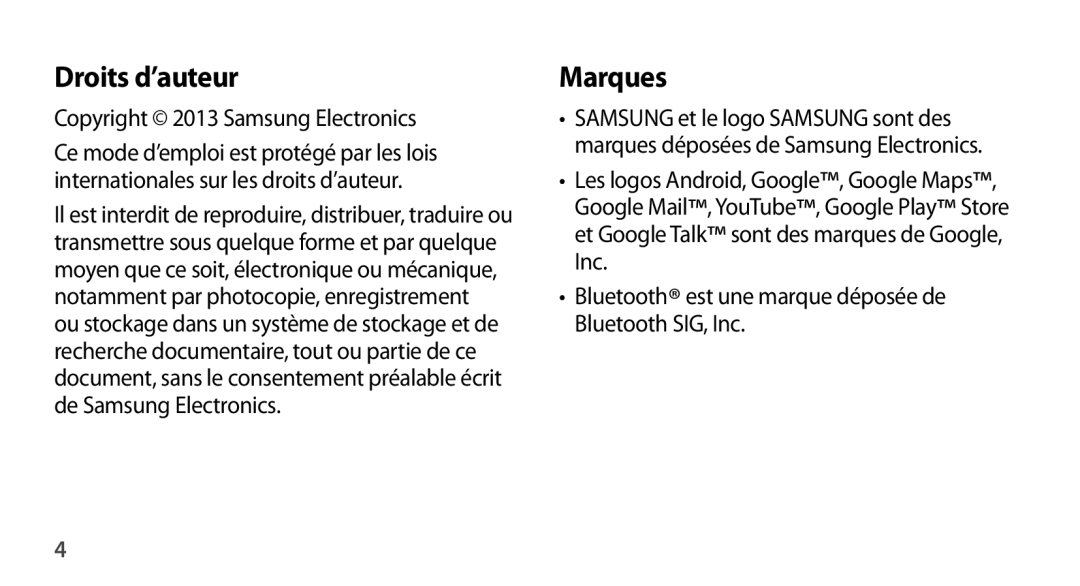 Samsung SM-N9005ZKEFTM, SM-N9005ZKEXEF, SM-N9005WDEXEF manual Droits d’auteur, Marques, Copyright 2013 Samsung Electronics 