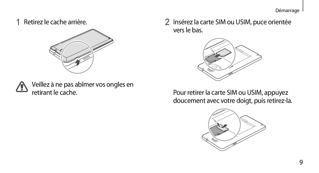 Samsung SM-N9005ZWEXEF, SM-N9005ZKEXEF, SM-N9005WDEXEF manual Insérez la carte SIM ou USIM, puce orientée vers le bas 