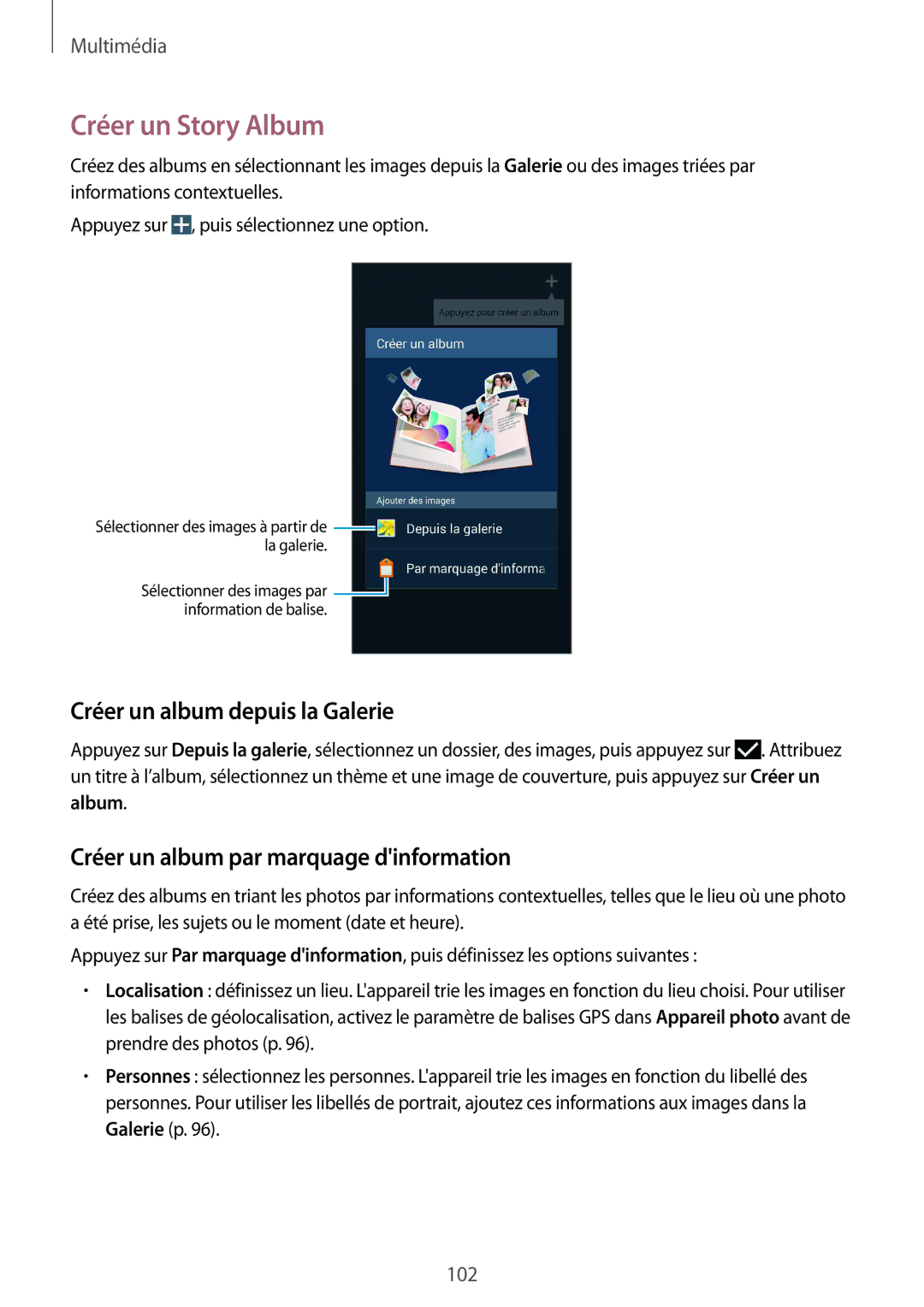 Samsung SM-N9005ZIEFTM Créer un Story Album, Créer un album depuis la Galerie, Créer un album par marquage dinformation 