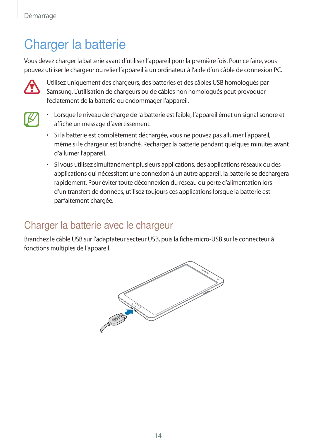 Samsung SM-N9005WDEXEF, SM-N9005ZKEXEF, SM-N9005ZWESFR, SM-N9005ZWEFTM manual Charger la batterie avec le chargeur 