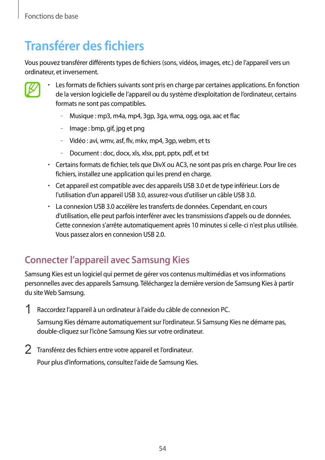 Samsung SM-N9005ZWESFR, SM-N9005ZKEXEF, SM-N9005WDEXEF manual Transférer des fichiers, Connecter l’appareil avec Samsung Kies 