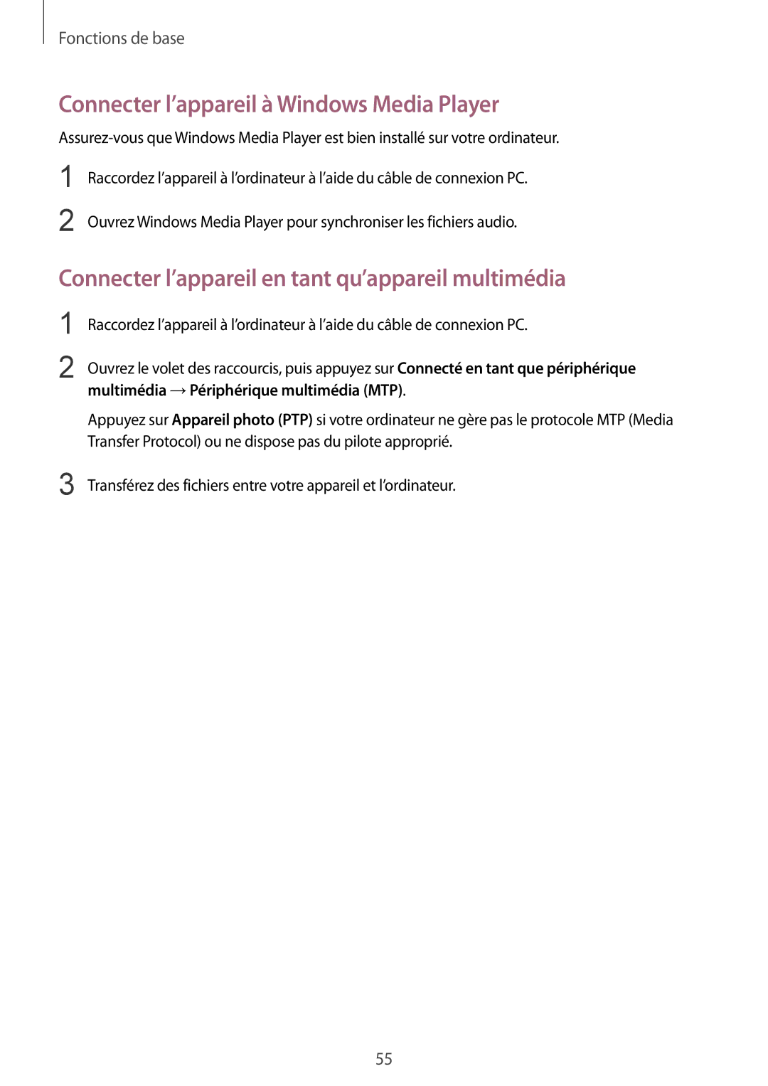 Samsung SM-N9005ZWEFTM Connecter l’appareil à Windows Media Player, Connecter l’appareil en tant qu’appareil multimédia 