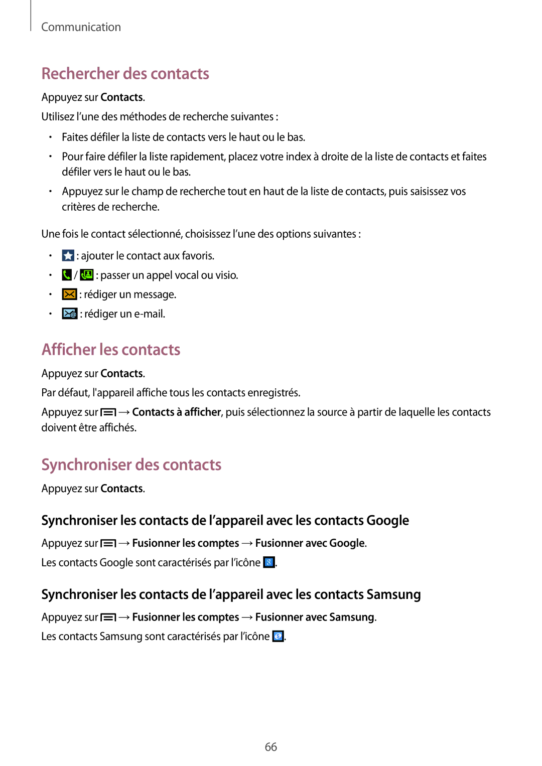 Samsung SM-N9005WDEXEF, SM-N9005ZKEXEF manual Rechercher des contacts, Afficher les contacts, Synchroniser des contacts 