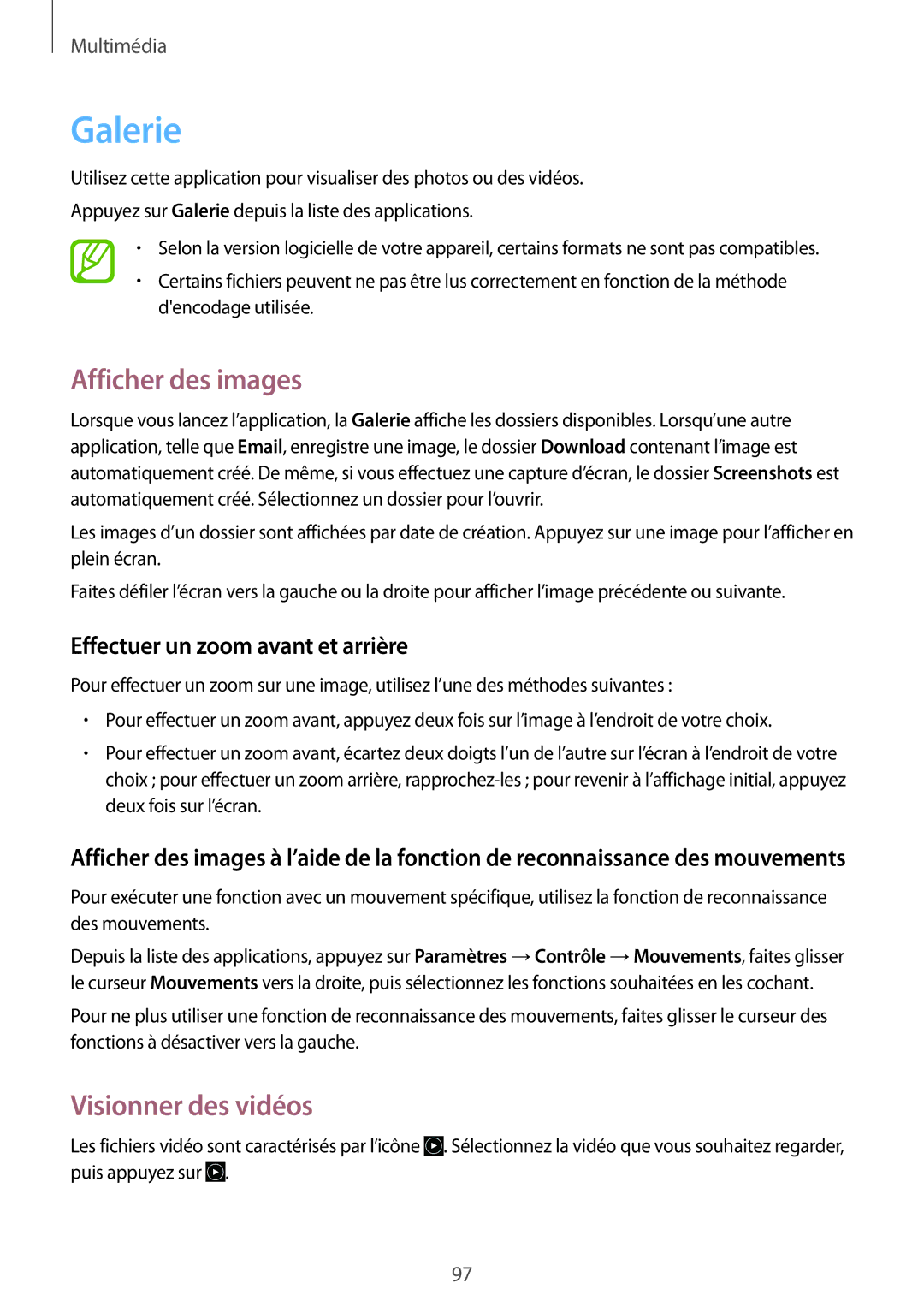 Samsung SM-N9005ZIESFR manual Galerie, Afficher des images, Visionner des vidéos, Effectuer un zoom avant et arrière 