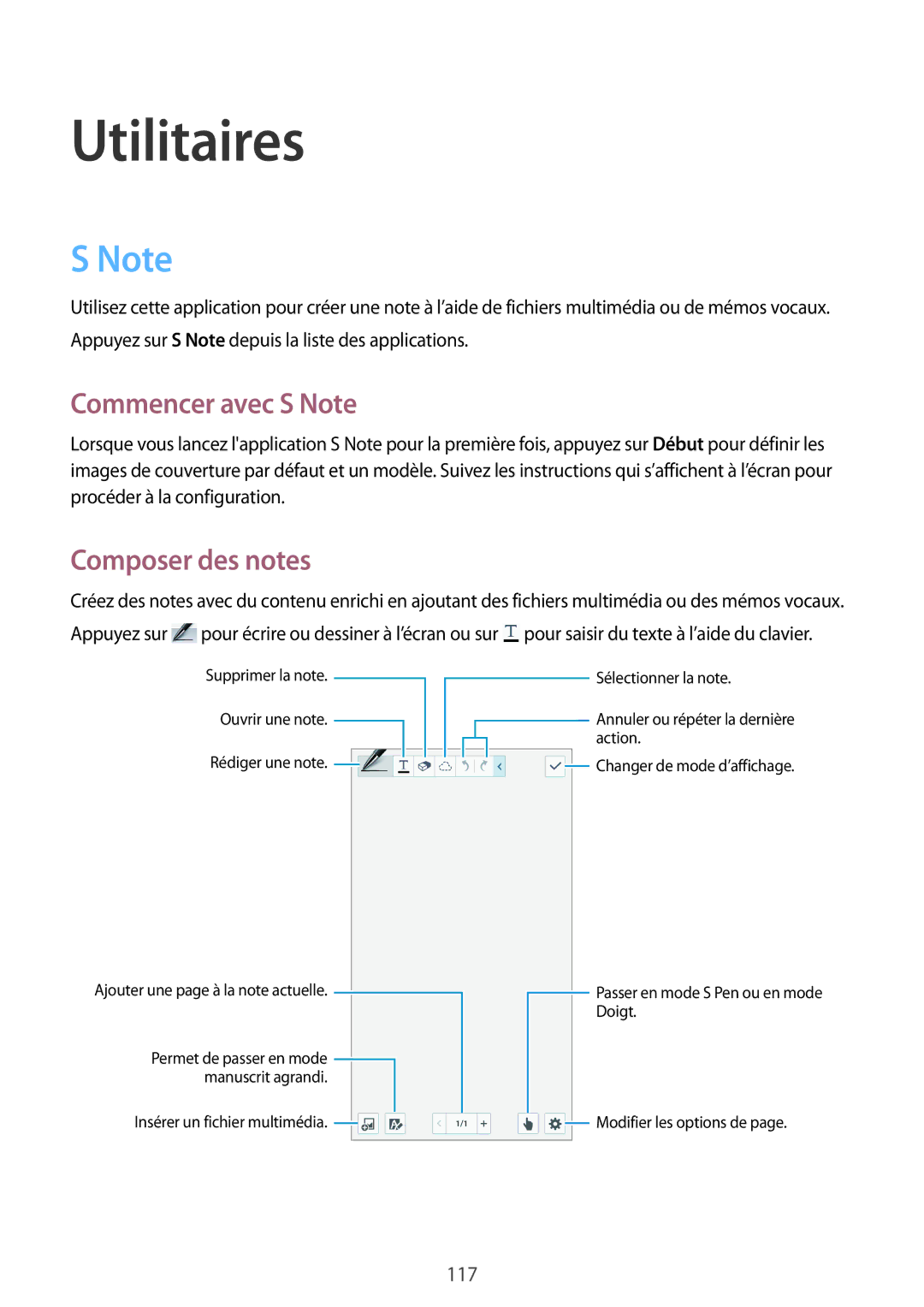 Samsung SM-N9005ZKEXEF, SM-N9005WDEXEF, SM-N9005ZWESFR, SM-N9005ZWEFTM manual Commencer avec S Note, Composer des notes 