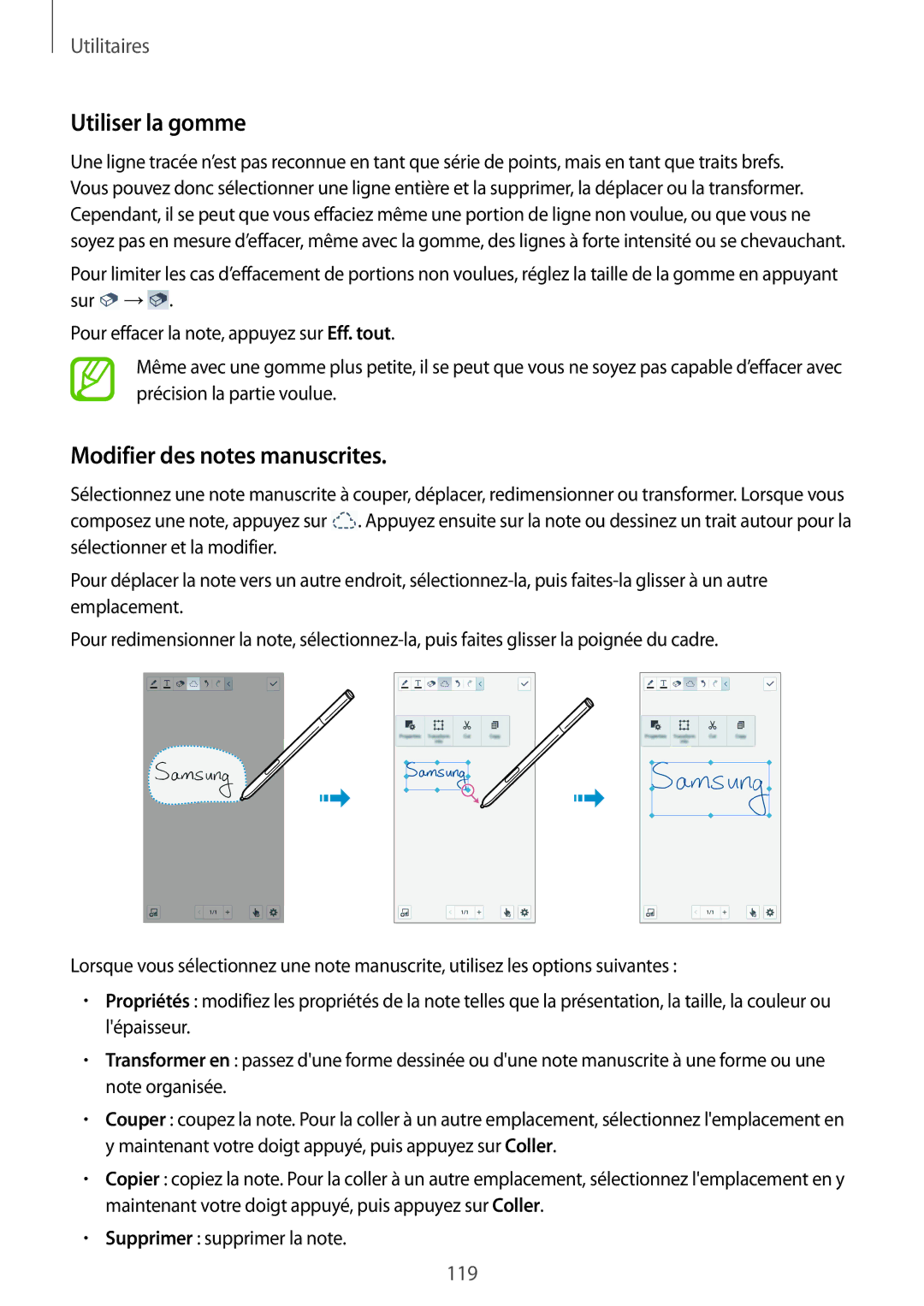 Samsung SM-N9005ZWESFR, SM-N9005ZKEXEF, SM-N9005WDEXEF, SM-N9005ZWEFTM Utiliser la gomme, Modifier des notes manuscrites 