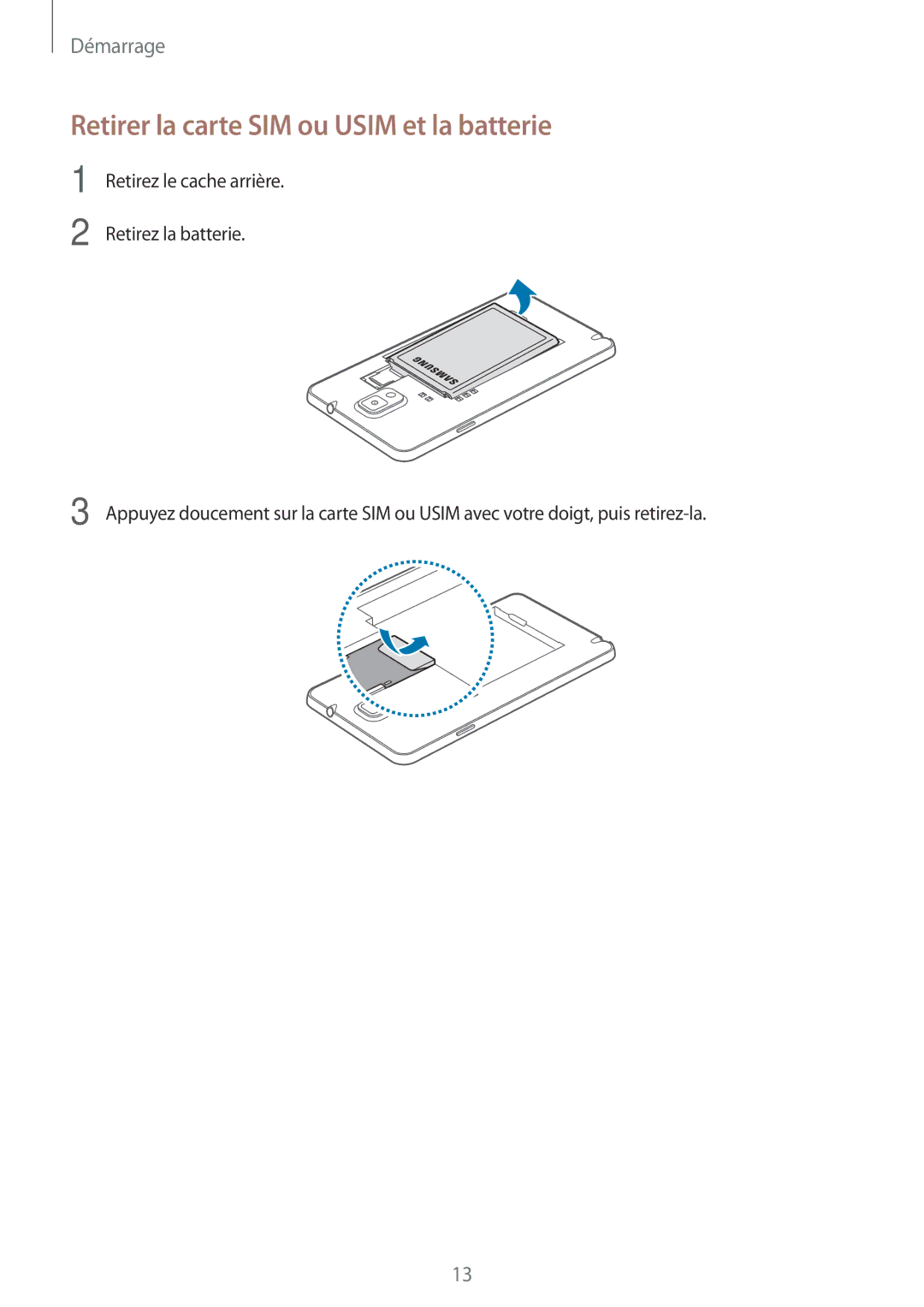 Samsung SM-N9005ZKEXEF, SM-N9005WDEXEF, SM-N9005ZWESFR, SM-N9005ZWEFTM manual Retirer la carte SIM ou Usim et la batterie 