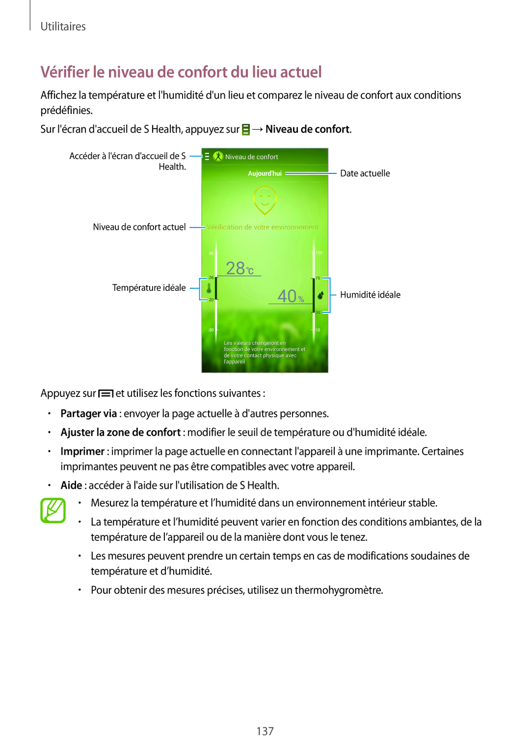 Samsung SM-N9005ZKESFR, SM-N9005ZKEXEF, SM-N9005WDEXEF, SM-N9005ZWESFR manual Vérifier le niveau de confort du lieu actuel 