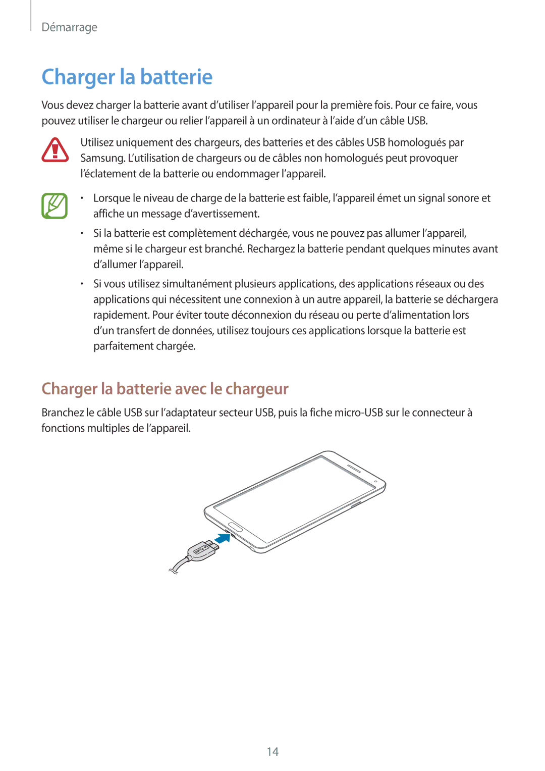 Samsung SM-N9005WDEXEF, SM-N9005ZKEXEF, SM-N9005ZWESFR, SM-N9005ZWEFTM manual Charger la batterie avec le chargeur 