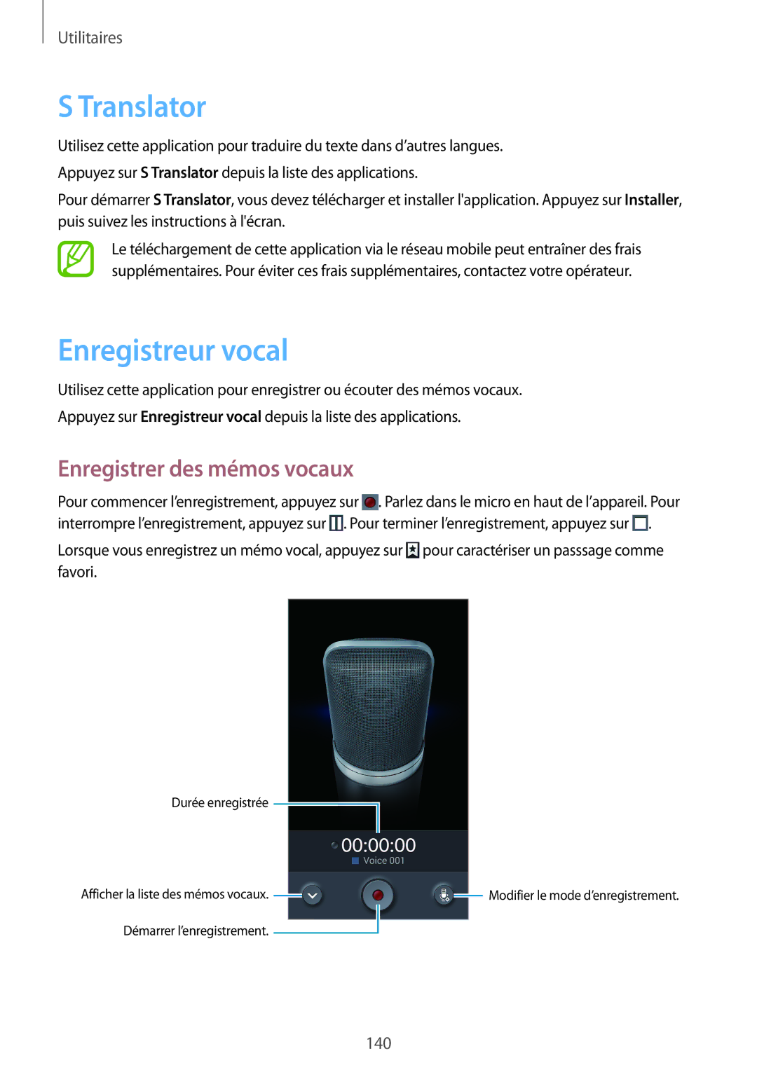 Samsung SM-N9005ZWEBOG, SM-N9005ZKEXEF, SM-N9005WDEXEF manual Translator, Enregistreur vocal, Enregistrer des mémos vocaux 