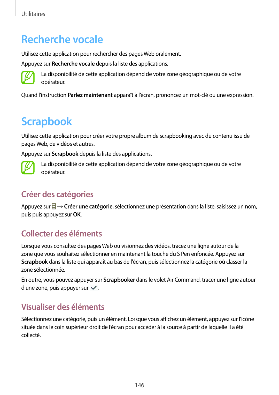 Samsung SM-N9005ZWEFTM Recherche vocale, Scrapbook, Créer des catégories, Collecter des éléments, Visualiser des éléments 