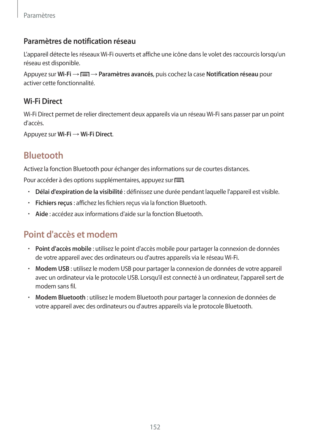 Samsung SM-N9005ZWEXEF, SM-N9005ZKEXEF Bluetooth, Point daccès et modem, Paramètres de notification réseau, Wi-Fi Direct 