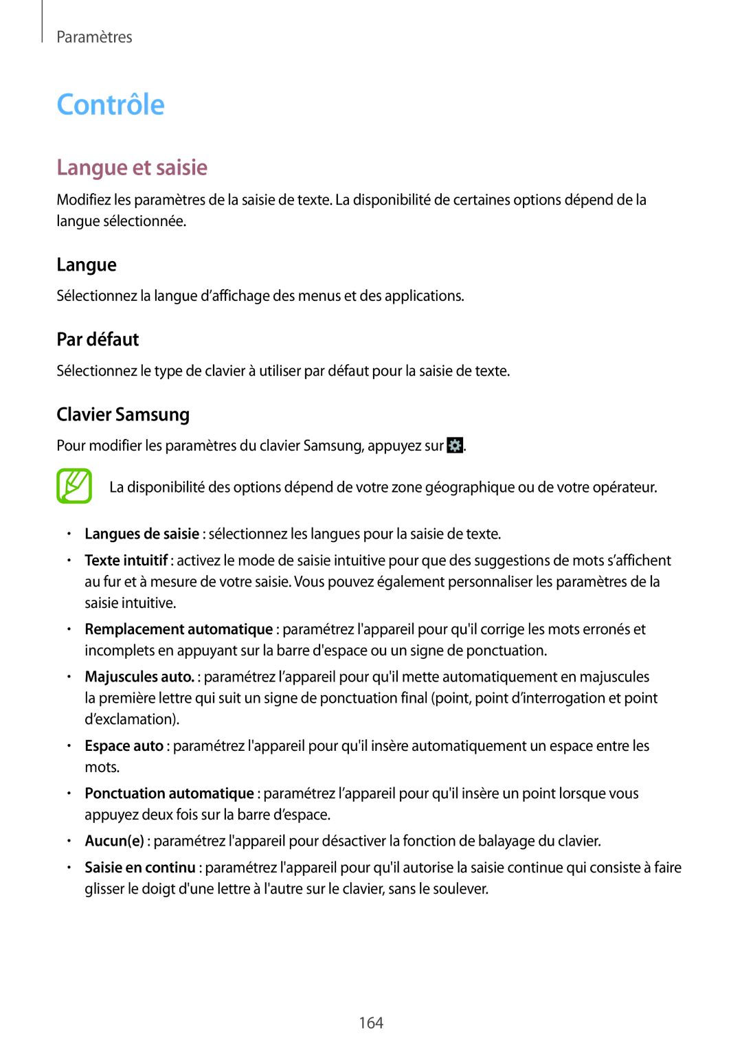 Samsung SM-N9005ZIEXEF, SM-N9005ZKEXEF, SM-N9005WDEXEF manual Contrôle, Langue et saisie, Par défaut, Clavier Samsung 