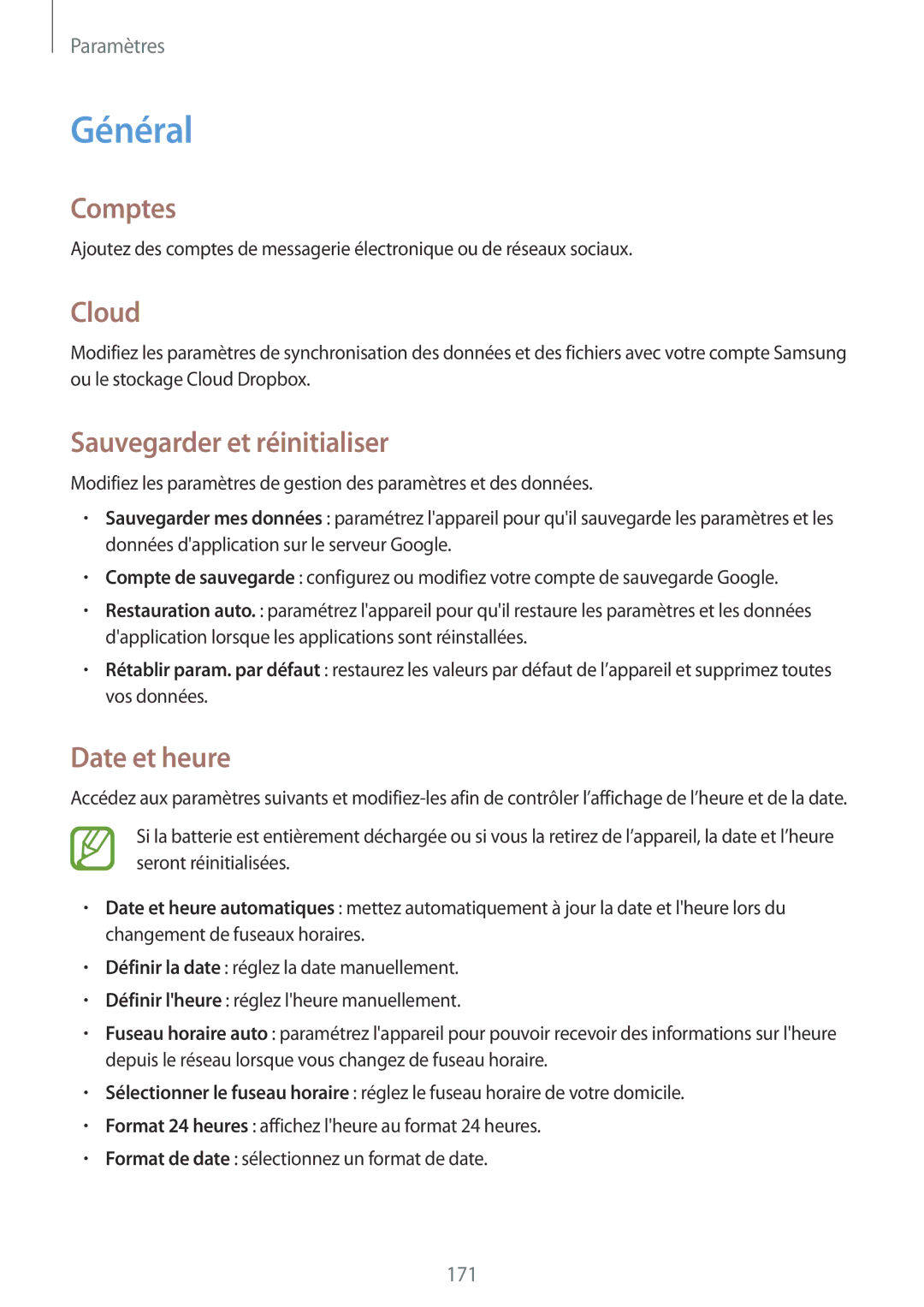 Samsung SM-N9005ZWESFR, SM-N9005ZKEXEF, SM-N9005WDEXEF Général, Comptes, Cloud, Sauvegarder et réinitialiser, Date et heure 