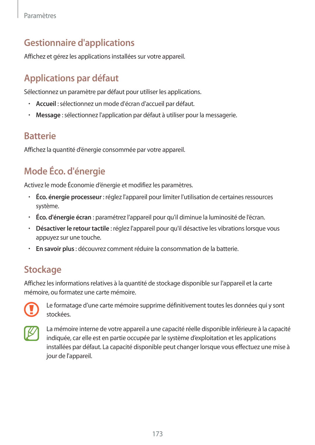 Samsung SM-N9005ZKEFTM manual Gestionnaire dapplications, Applications par défaut, Batterie, Mode Éco. dénergie, Stockage 