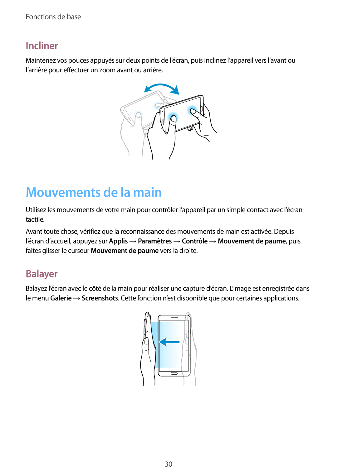 Samsung SM-N9005ZKEFTM, SM-N9005ZKEXEF, SM-N9005WDEXEF, SM-N9005ZWESFR manual Mouvements de la main, Incliner, Balayer 