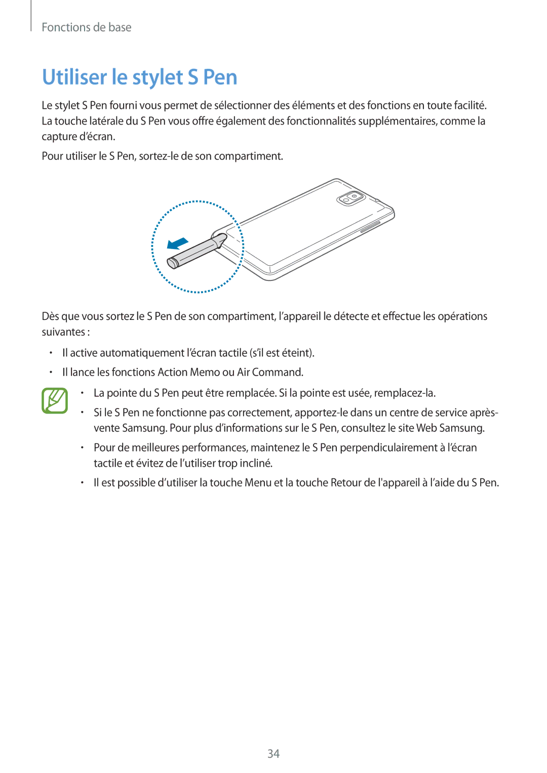 Samsung SM-N9005ZIEXEF, SM-N9005ZKEXEF, SM-N9005WDEXEF, SM-N9005ZWESFR, SM-N9005ZWEFTM manual Utiliser le stylet S Pen 