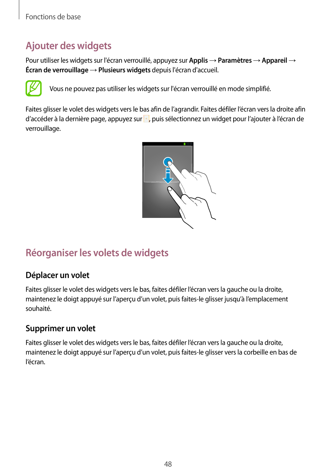 Samsung SM-N9005ZWEXEF, SM-N9005ZKEXEF, SM-N9005WDEXEF manual Ajouter des widgets, Réorganiser les volets de widgets 