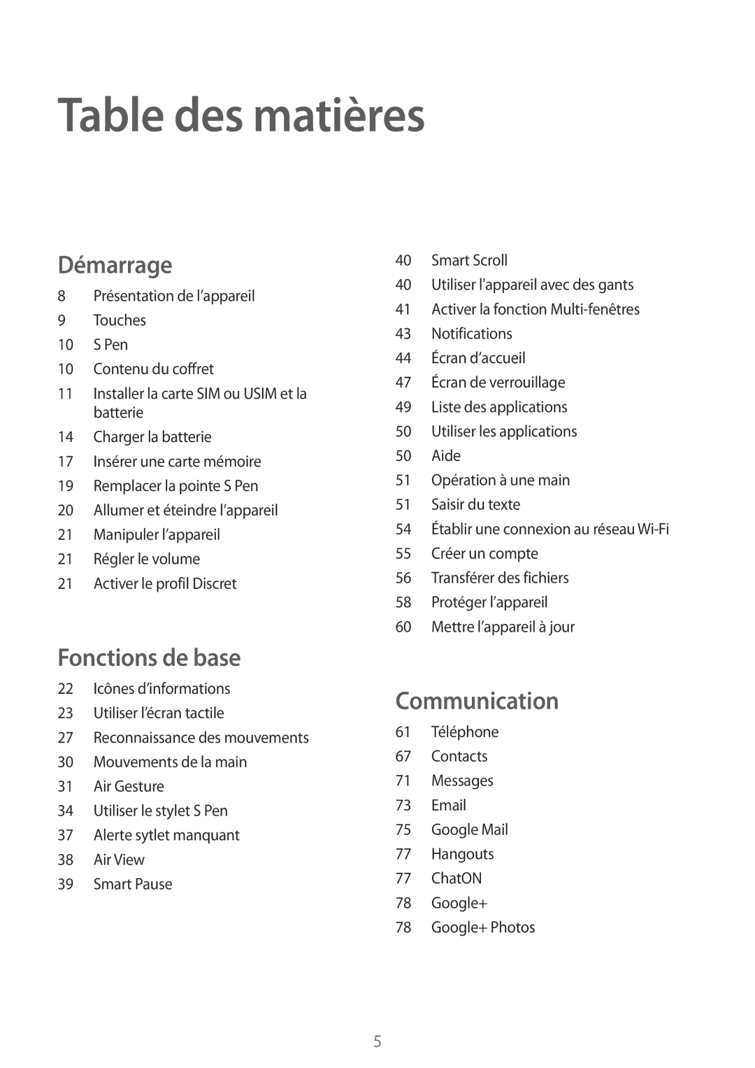 Samsung SM-N9005ZKEBOG, SM-N9005ZKEXEF, SM-N9005WDEXEF, SM-N9005ZWESFR, SM-N9005ZWEFTM, SM-N9005ZKEFTM manual Table des matières 