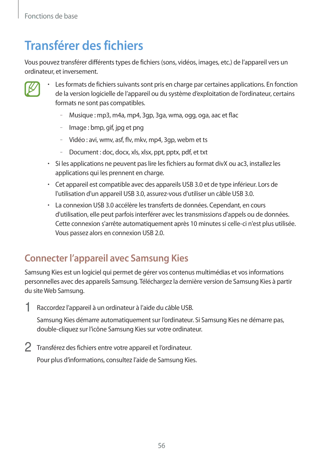 Samsung SM-N9005ZKEFTM, SM-N9005ZKEXEF, SM-N9005WDEXEF manual Transférer des fichiers, Connecter l’appareil avec Samsung Kies 