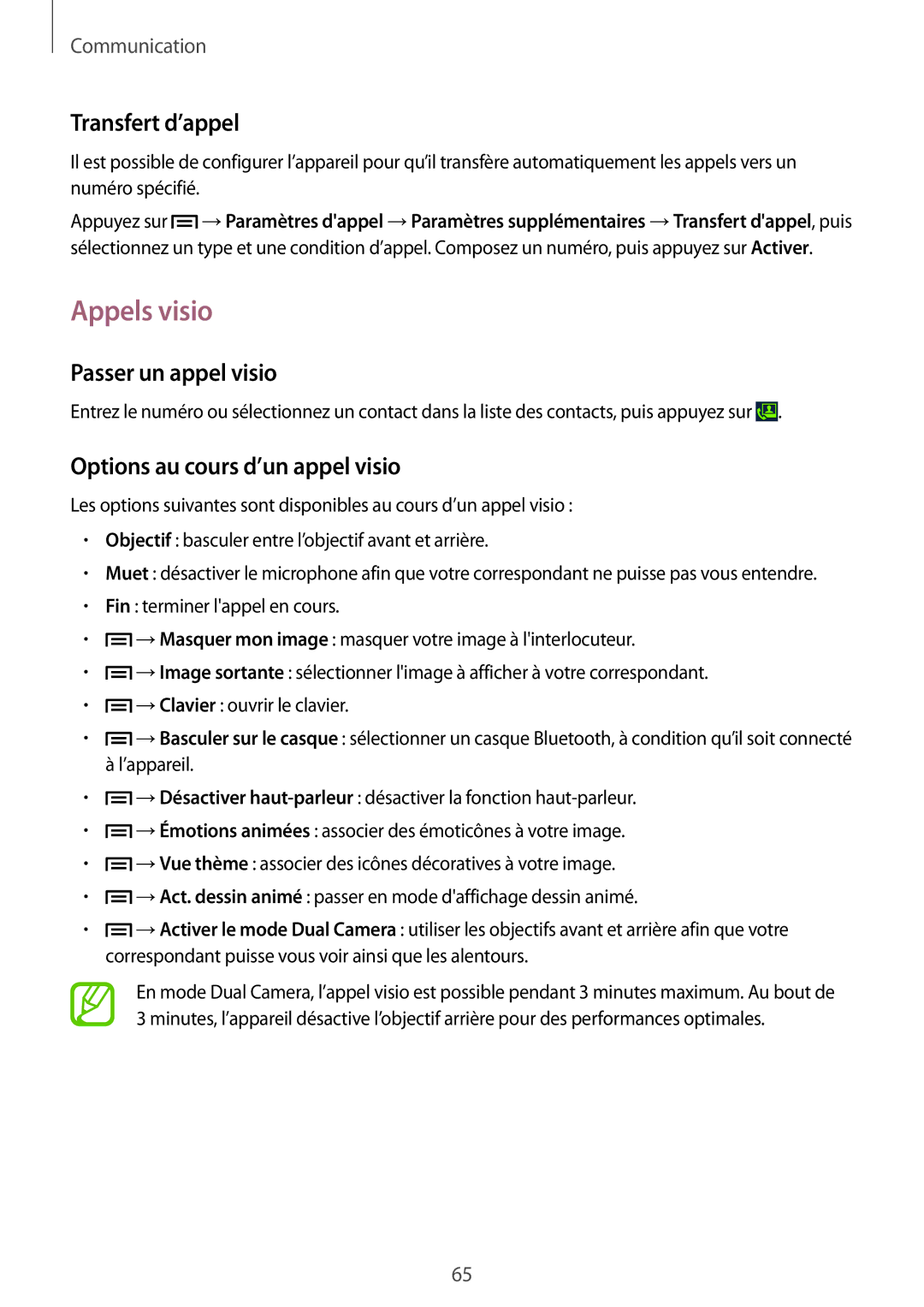 Samsung SM-N9005ZKEXEF manual Appels visio, Transfert d’appel, Passer un appel visio, Options au cours d’un appel visio 