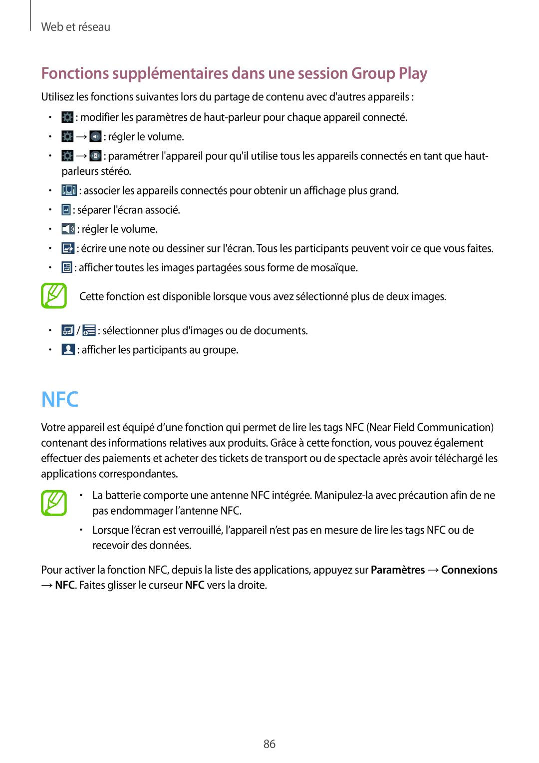 Samsung SM-N9005ZIEXEF, SM-N9005ZKEXEF, SM-N9005WDEXEF manual Nfc, Fonctions supplémentaires dans une session Group Play 