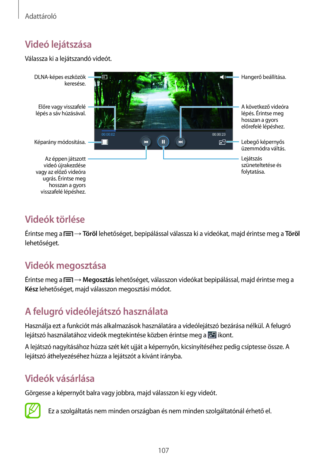 Samsung SM2N9005ZKETMH manual Videók törlése, Videók megosztása, Felugró videólejátszó használata, Videók vásárlása 