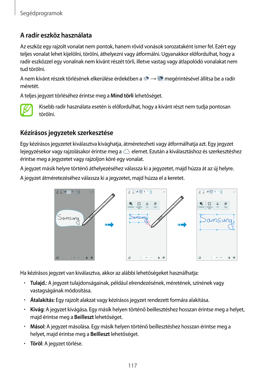 Samsung SM-N9005ZKEXEO, SM-N9005ZWEDBT, SM-N9005ZWEXEO manual Radír eszköz használata, Kézírásos jegyzetek szerkesztése 