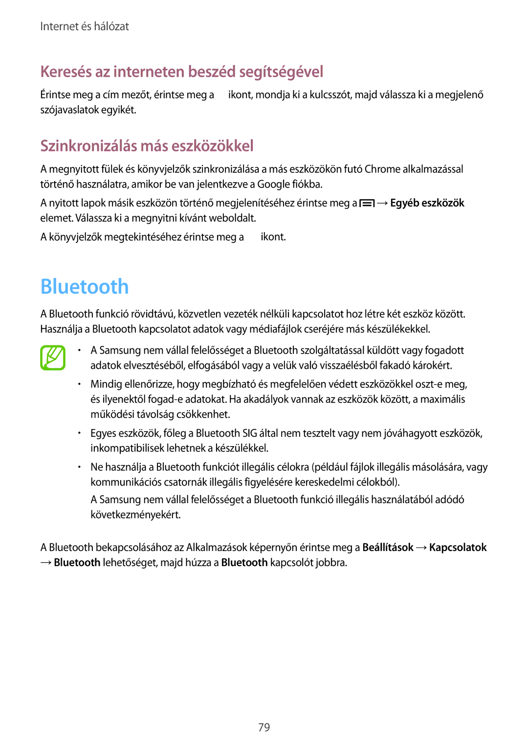 Samsung SM-N9005ZWEDBT manual Bluetooth, Keresés az interneten beszéd segítségével, Szinkronizálás más eszközökkel 