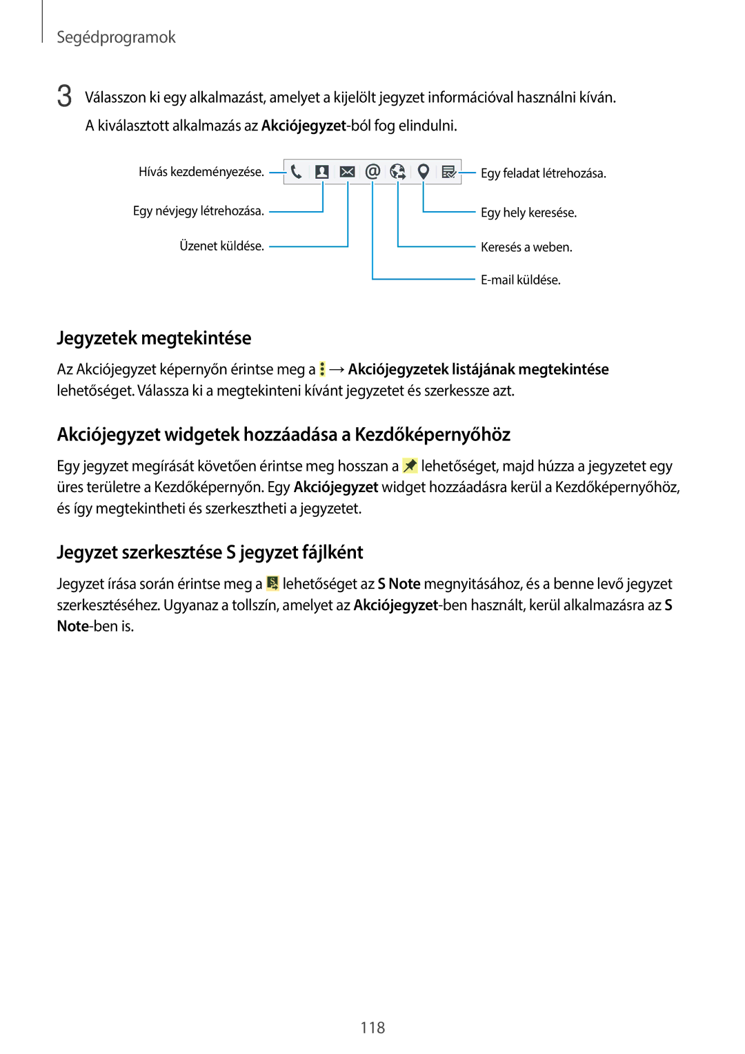 Samsung SM-N9005ZWEDBT, SM-N9005ZKEXEO manual Jegyzetek megtekintése, Akciójegyzet widgetek hozzáadása a Kezdőképernyőhöz 