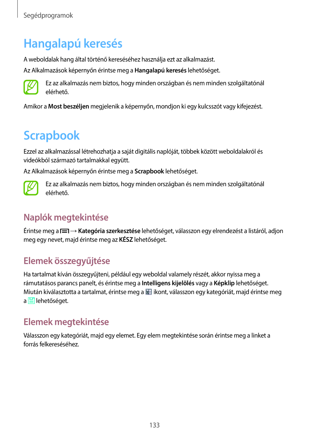 Samsung SM-N9005ZWEVVT manual Hangalapú keresés, Scrapbook, Naplók megtekintése, Elemek összegyűjtése, Elemek megtekintése 