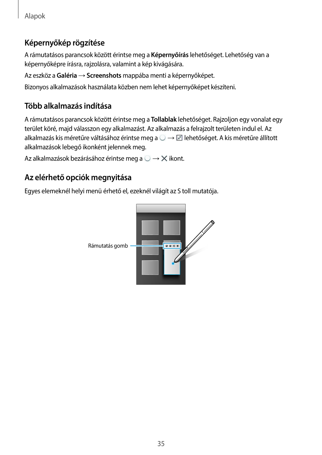 Samsung SM-N9005ZKEVDH, SM-N9005ZKEXEO manual Képernyőkép rögzítése, Több alkalmazás indítása, Az elérhető opciók megnyitása 