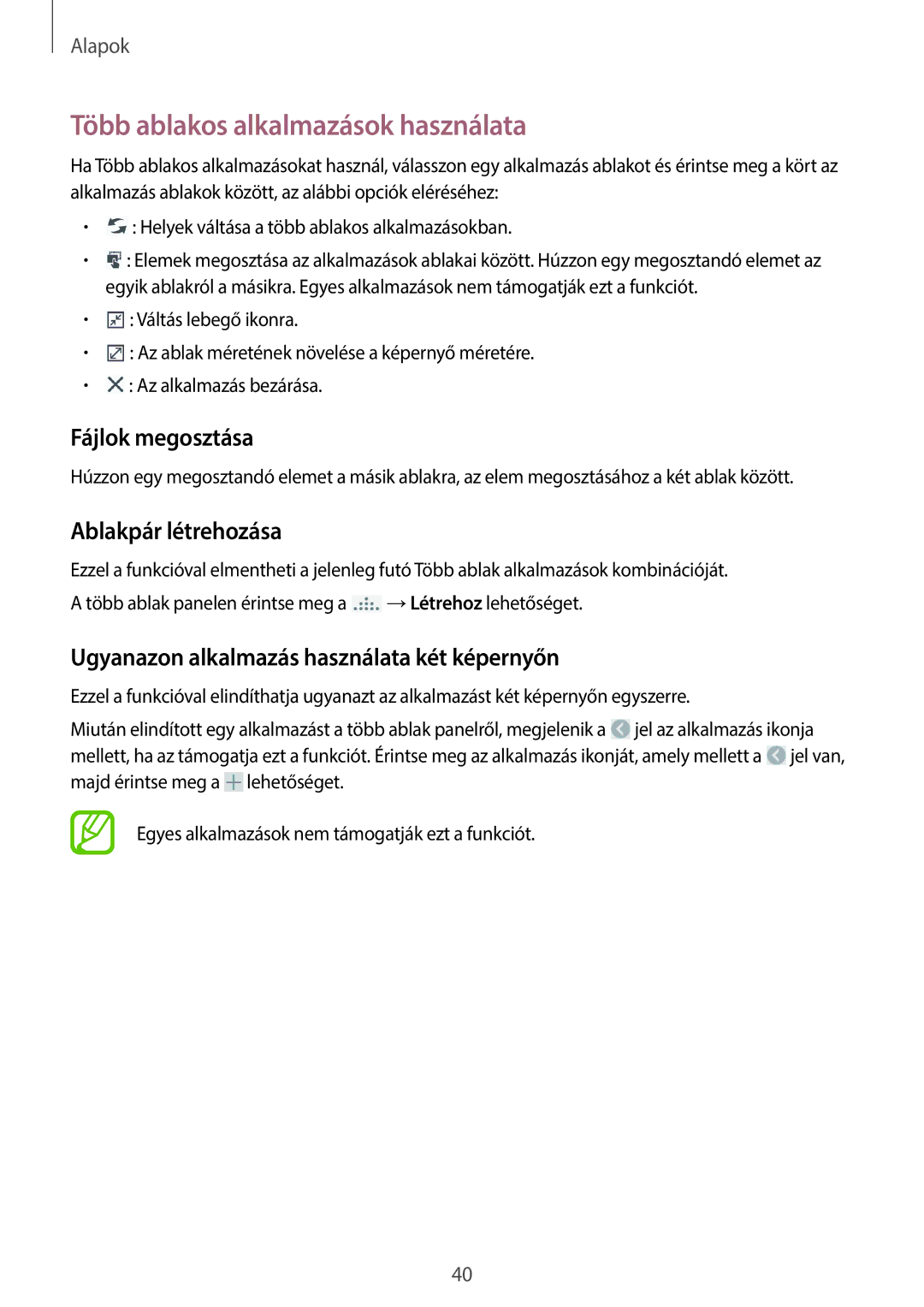 Samsung SM-N9005ZWEDBT, SM-N9005ZKEXEO manual Több ablakos alkalmazások használata, Fájlok megosztása, Ablakpár létrehozása 