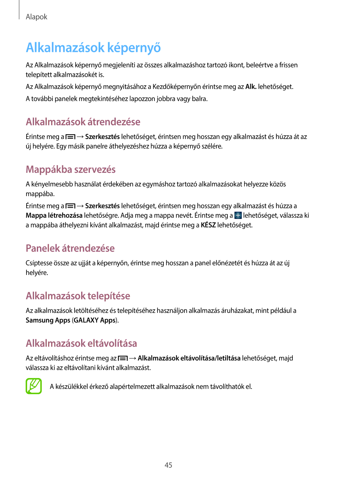 Samsung SM-N9005ZWEETL manual Alkalmazások képernyő, Alkalmazások átrendezése, Mappákba szervezés, Alkalmazások telepítése 