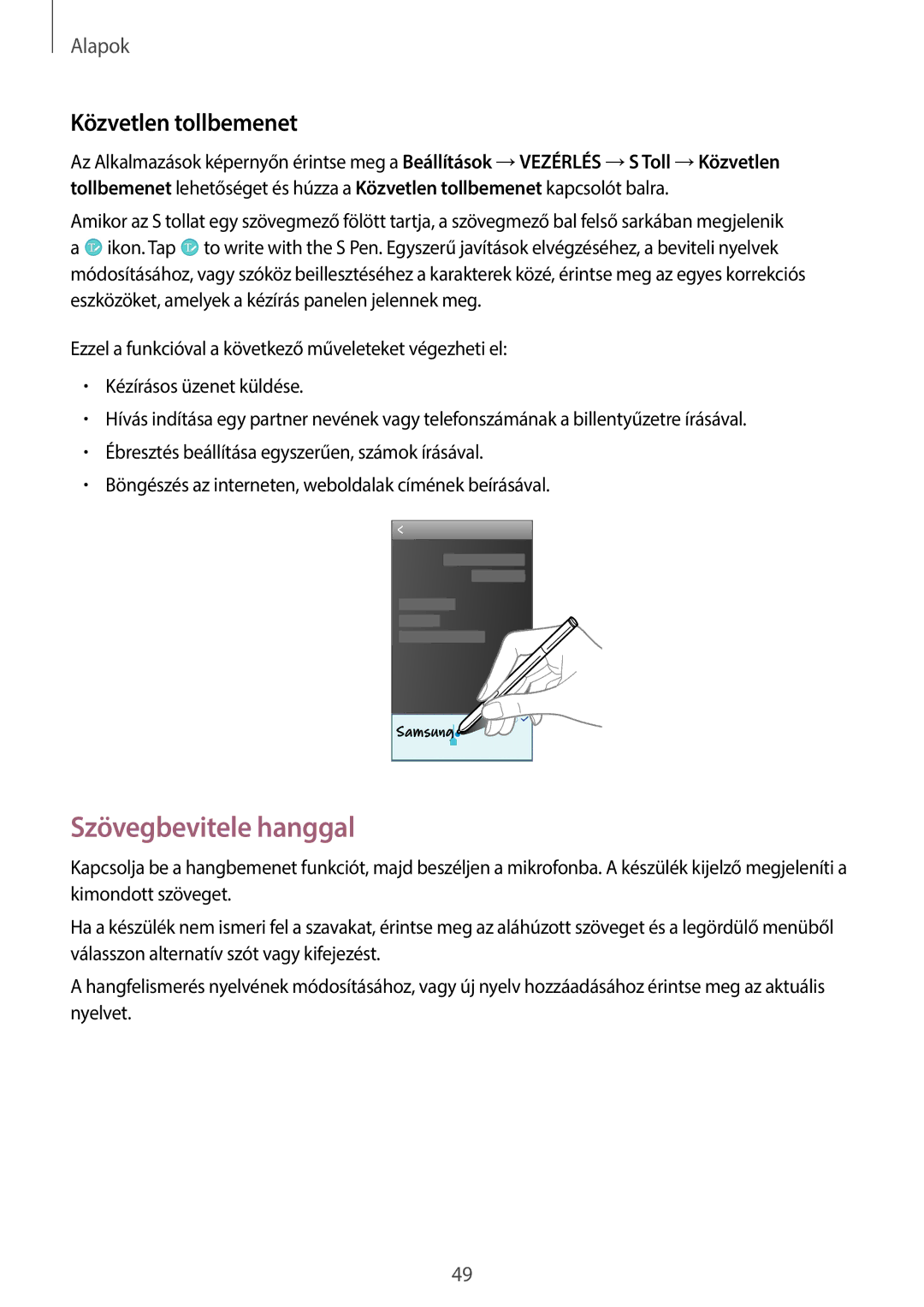 Samsung SM-N9005ZWEXEH, SM-N9005ZKEXEO, SM-N9005ZWEDBT, SM-N9005ZWEXEO manual Szövegbevitele hanggal, Közvetlen tollbemenet 