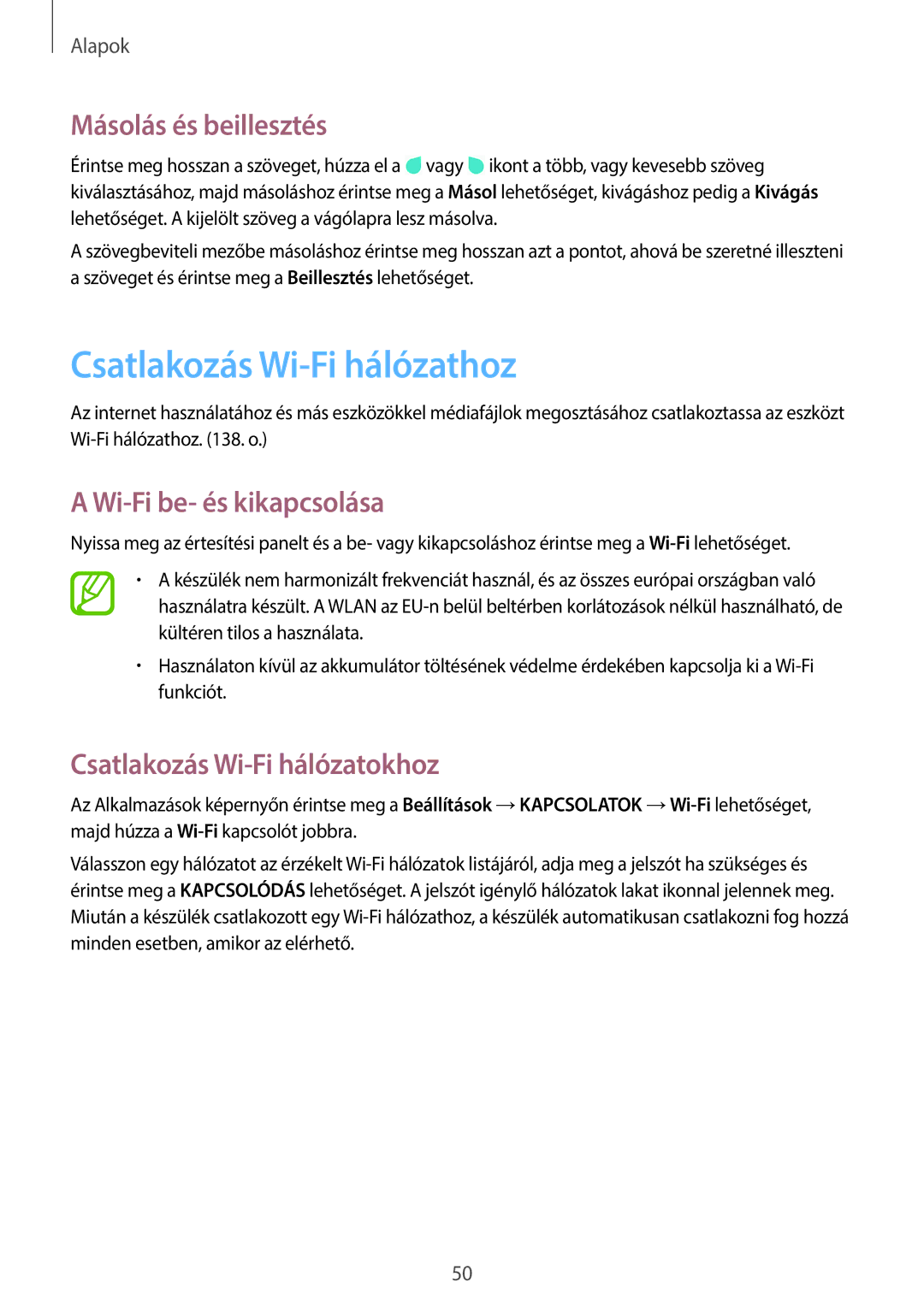 Samsung SM-N9005ZWEAUT, SM-N9005ZKEXEO Csatlakozás Wi-Fi hálózathoz, Másolás és beillesztés, Wi-Fi be- és kikapcsolása 