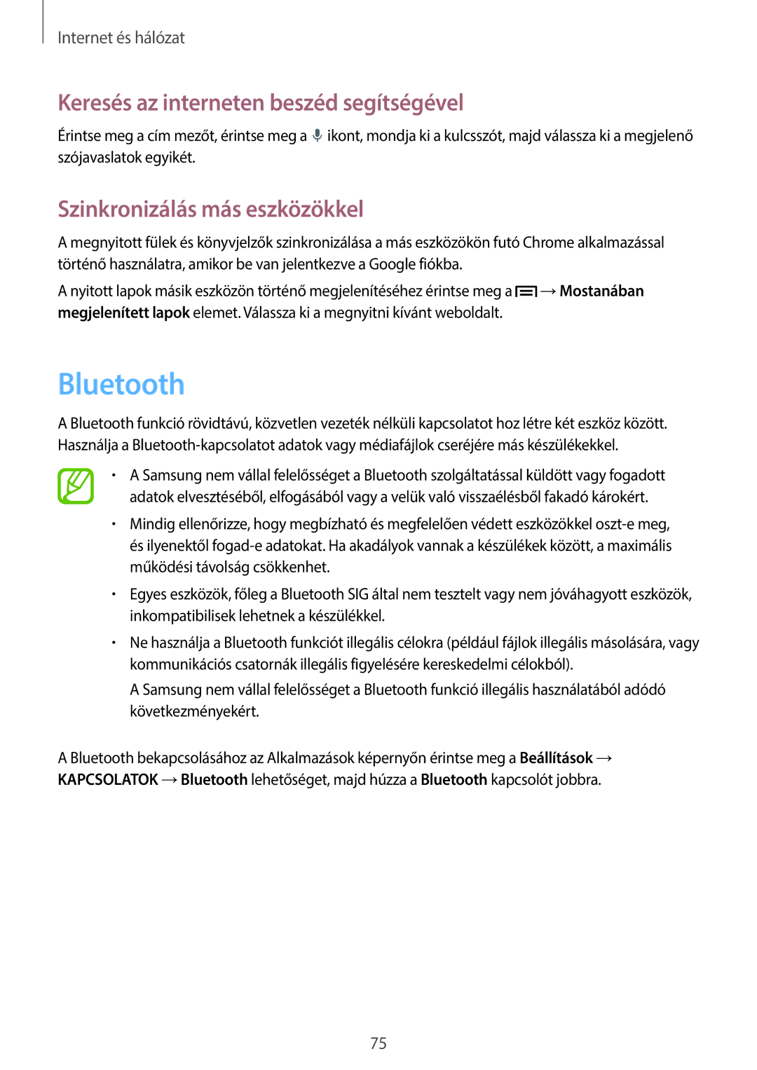 Samsung SM-N9005ZKECOA manual Bluetooth, Keresés az interneten beszéd segítségével, Szinkronizálás más eszközökkel 