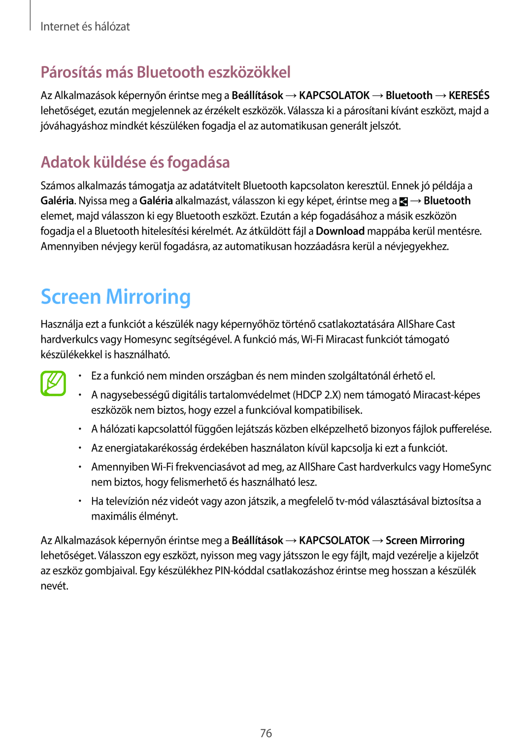 Samsung SM-N9005ZKEPAN, SM-N9005ZKEXEO Screen Mirroring, Párosítás más Bluetooth eszközökkel, Adatok küldése és fogadása 